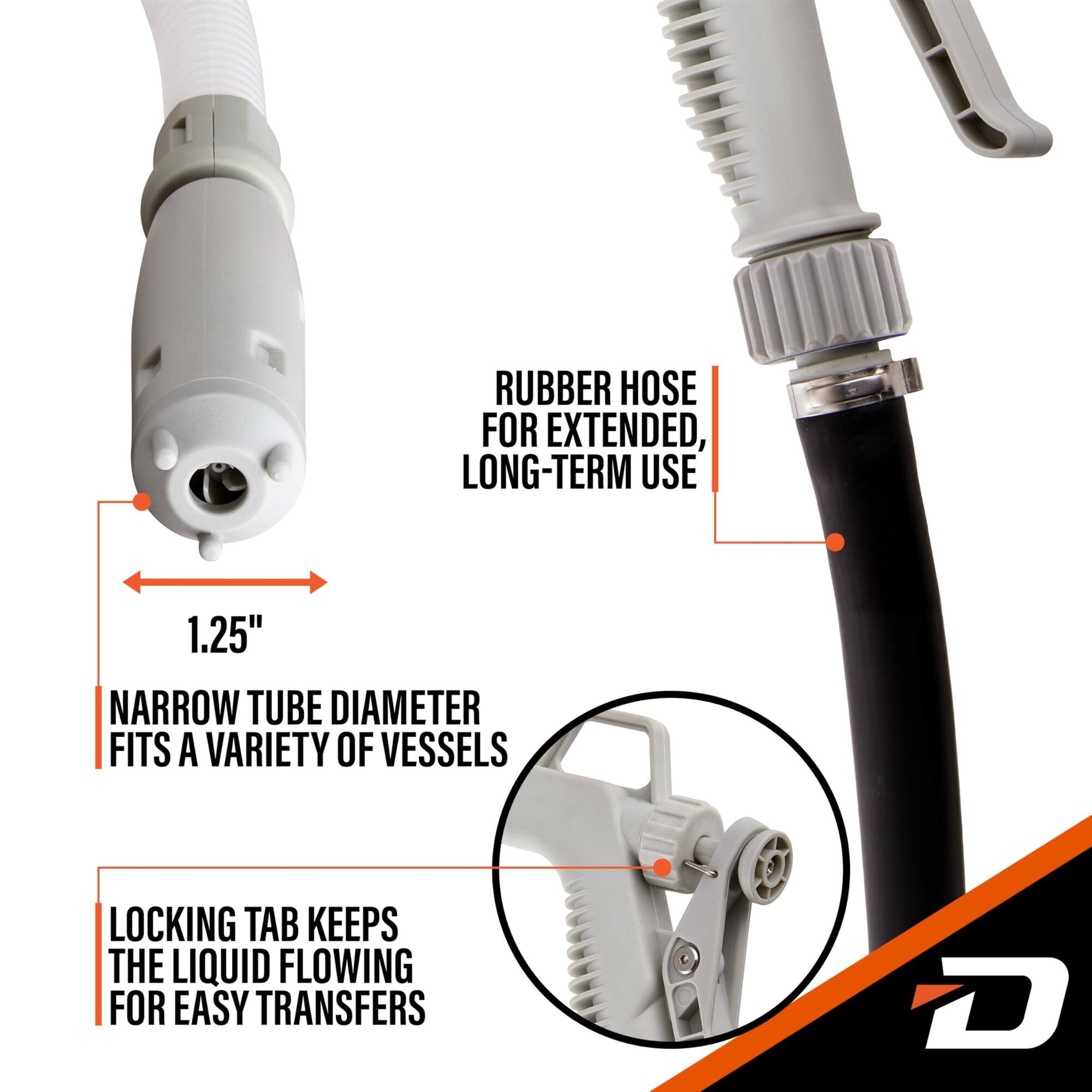 RUBBER HOSE FOR EXTENDED, LONG-TERM USE  
1.25" NARROW TUBE DIAMETER FITS A VARIETY OF VESSELS  
LOCKING TAB KEEPS THE LIQUID FLOWING FOR EASY TRANSFERS