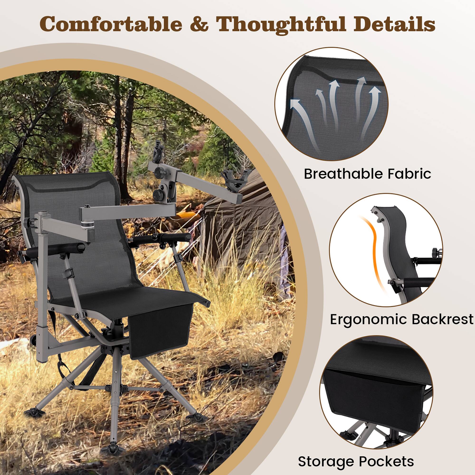 Comfortable & Thoughtful Details  
Breathable Fabric  
Ergonomic Backrest  
Storage Pockets
