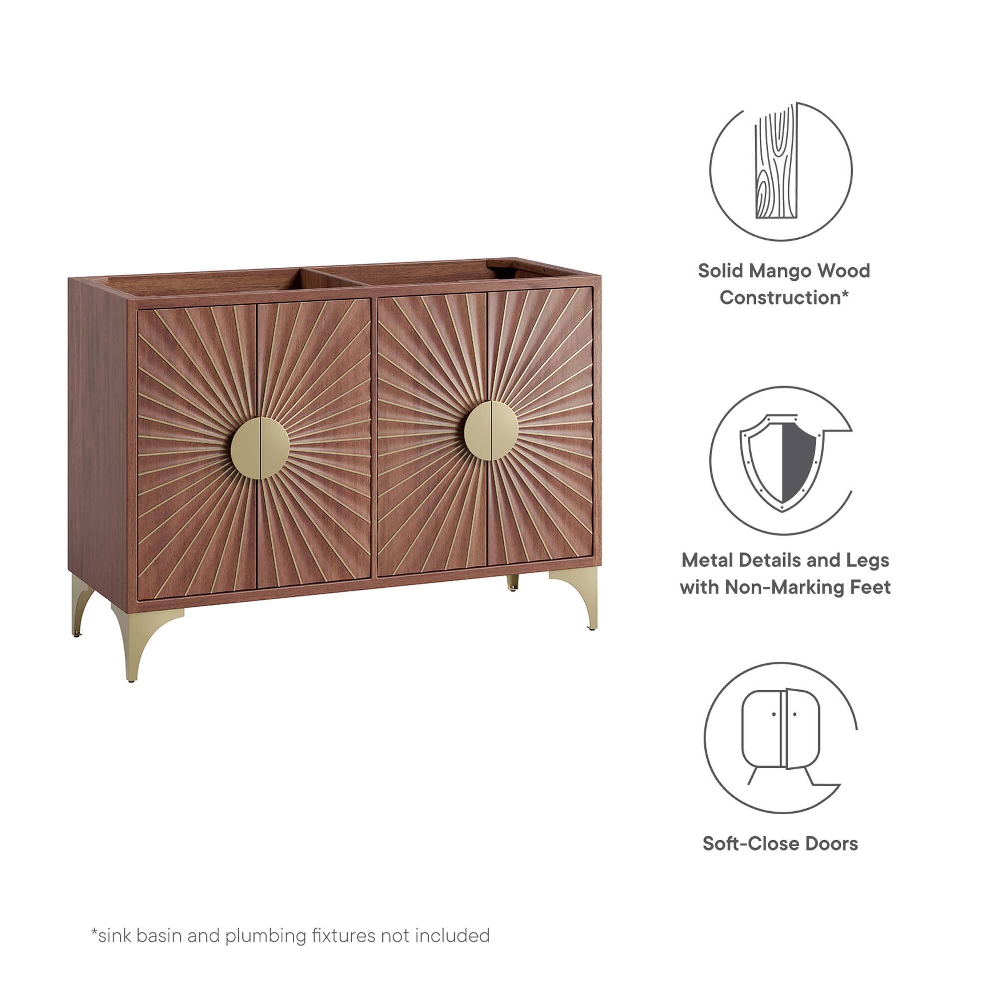 Solid Mango Wood Construction*  
Metal Details and Legs with Non-Marking Feet  
Soft-Close Doors  
*Sink basin and plumbing fixtures not included
