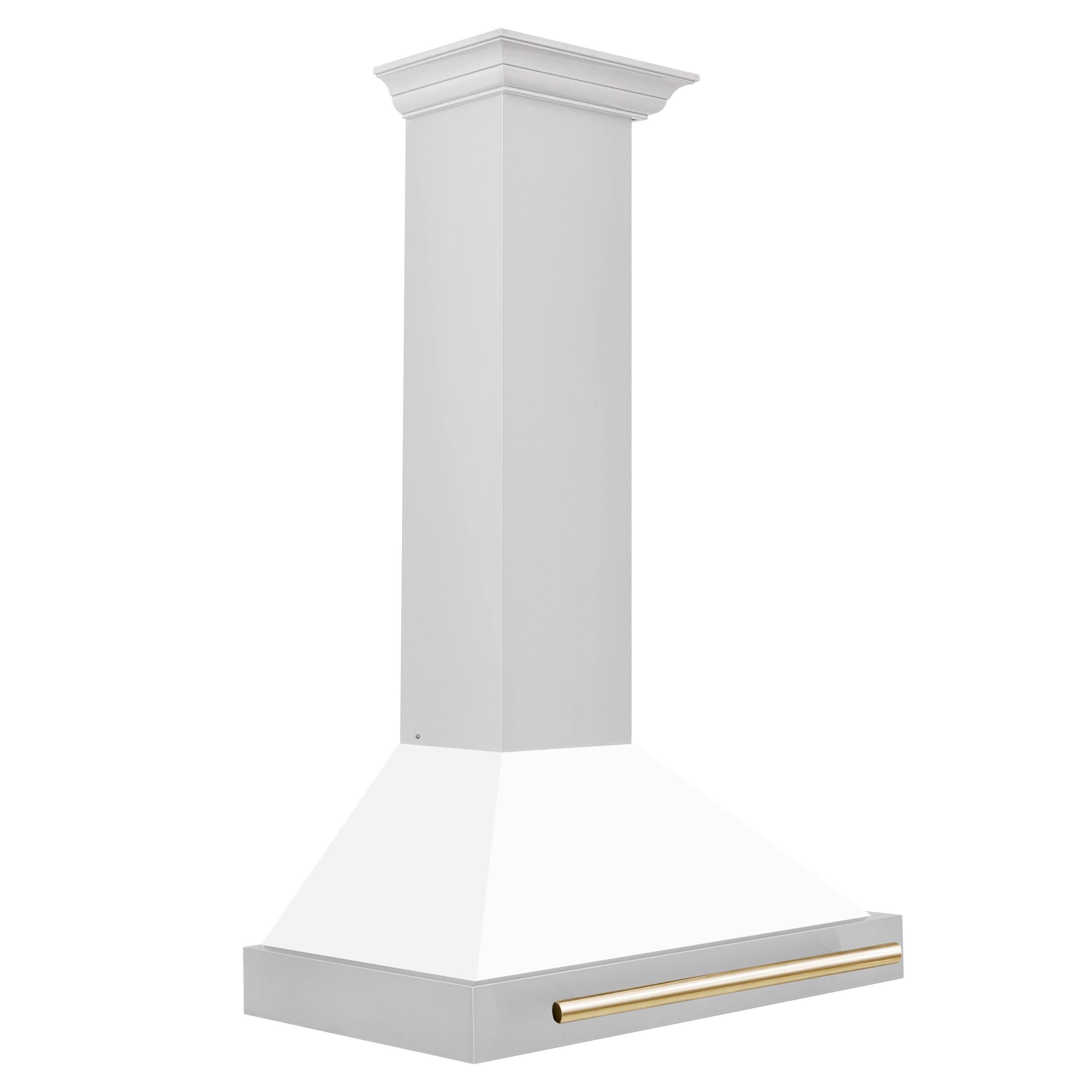 Left. ZLINE - ZLINE 30 in. Autograph Edition Convertible Stainless Steel Range Hood with White Matte Shell and Polished Gold Accents - White Matte.