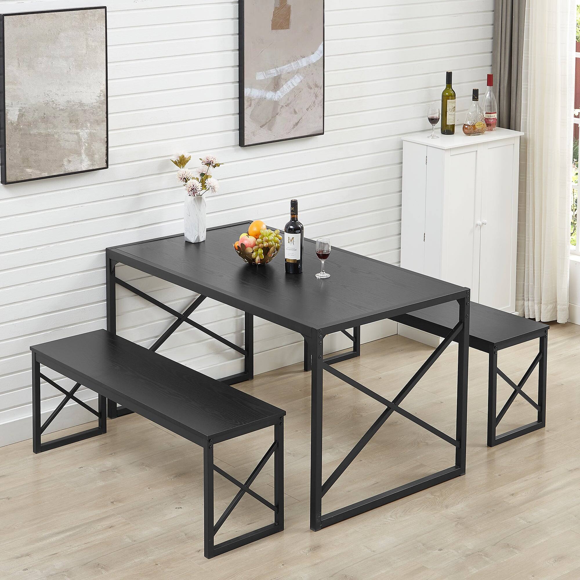 Alt View 5. Vecelo - Dining Set: 55" Table & 2 Benches - Space Saving Design, Easy Assembly, Metal Frame, 4-Person Family Dining - Black.