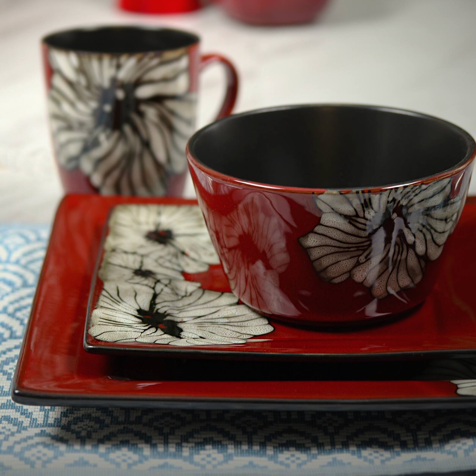 Alt View 4. Elama - Elama Winter Bloom 16 Piece Square Stoneware Dinnerware Set - Red.
