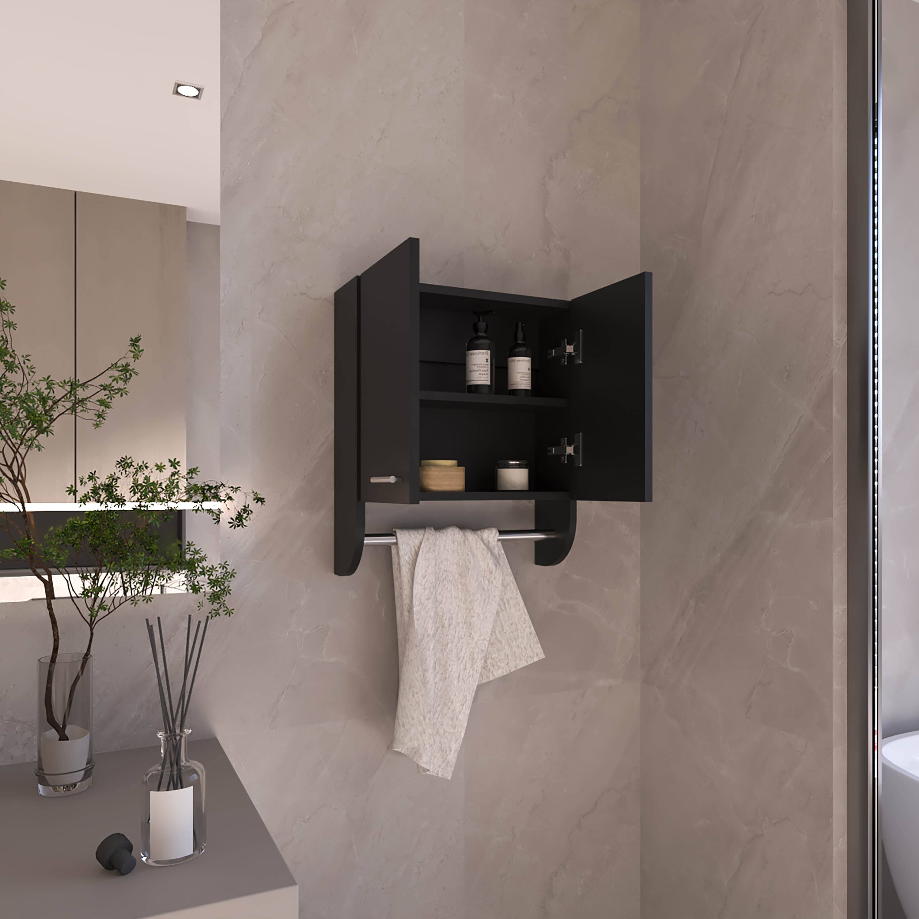 Left. TuHome - Optim Medicine Cabinet With Towel Holder 17.4" Wide Medice Cabinet Organizer With Two Interior Shelves And Tower Holder. - Black Wengue.