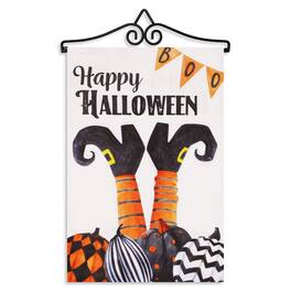 G128 - Combo Garden Flag Hanger 14 in with 12 x 18 in Double-Sided Burlap Flag, Happy Halloween Witch Feet & Spooky Pumpkins - Orange, Black, White