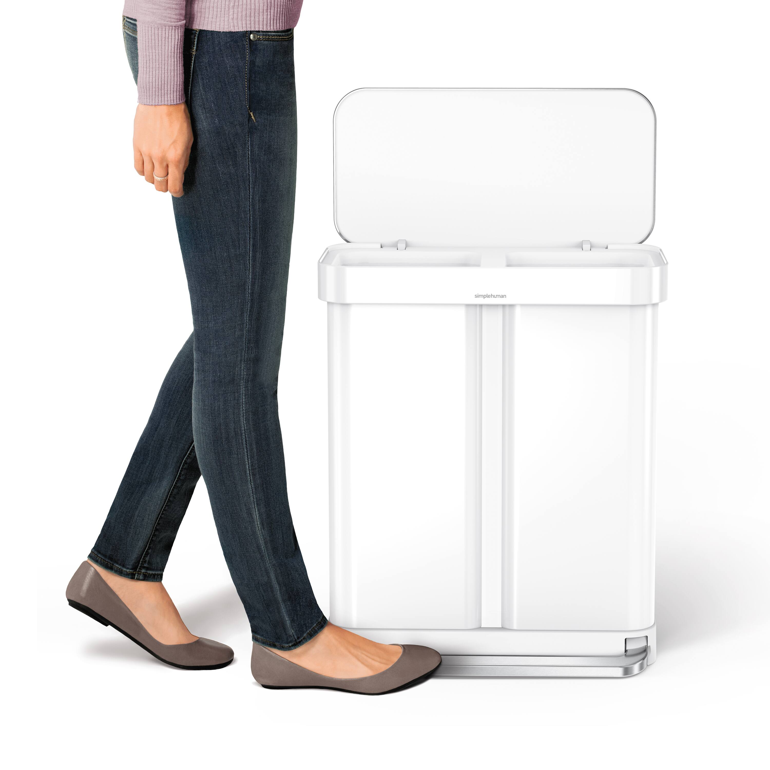 Alt View 4. simplehuman - 58L recycler rectangular step can, white steel - White.