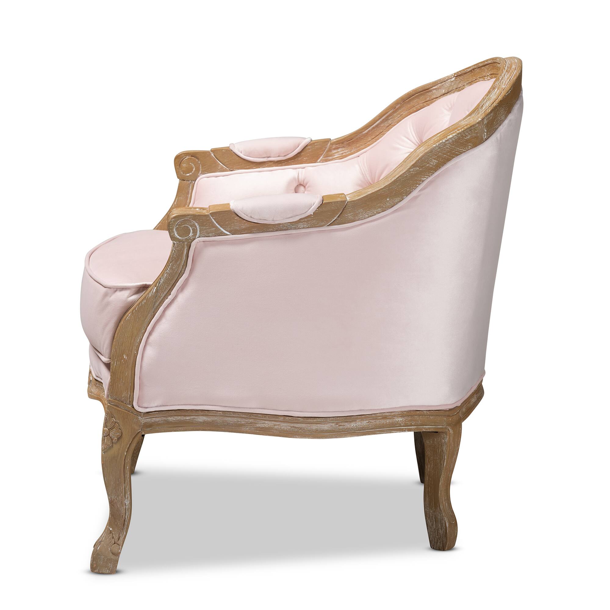 Left. Baxton Studio - Genevieve Traditional French Provincial Pink Velvet Upholstered White-Washed Oak Wood Armchair - Light Pink/Oak.