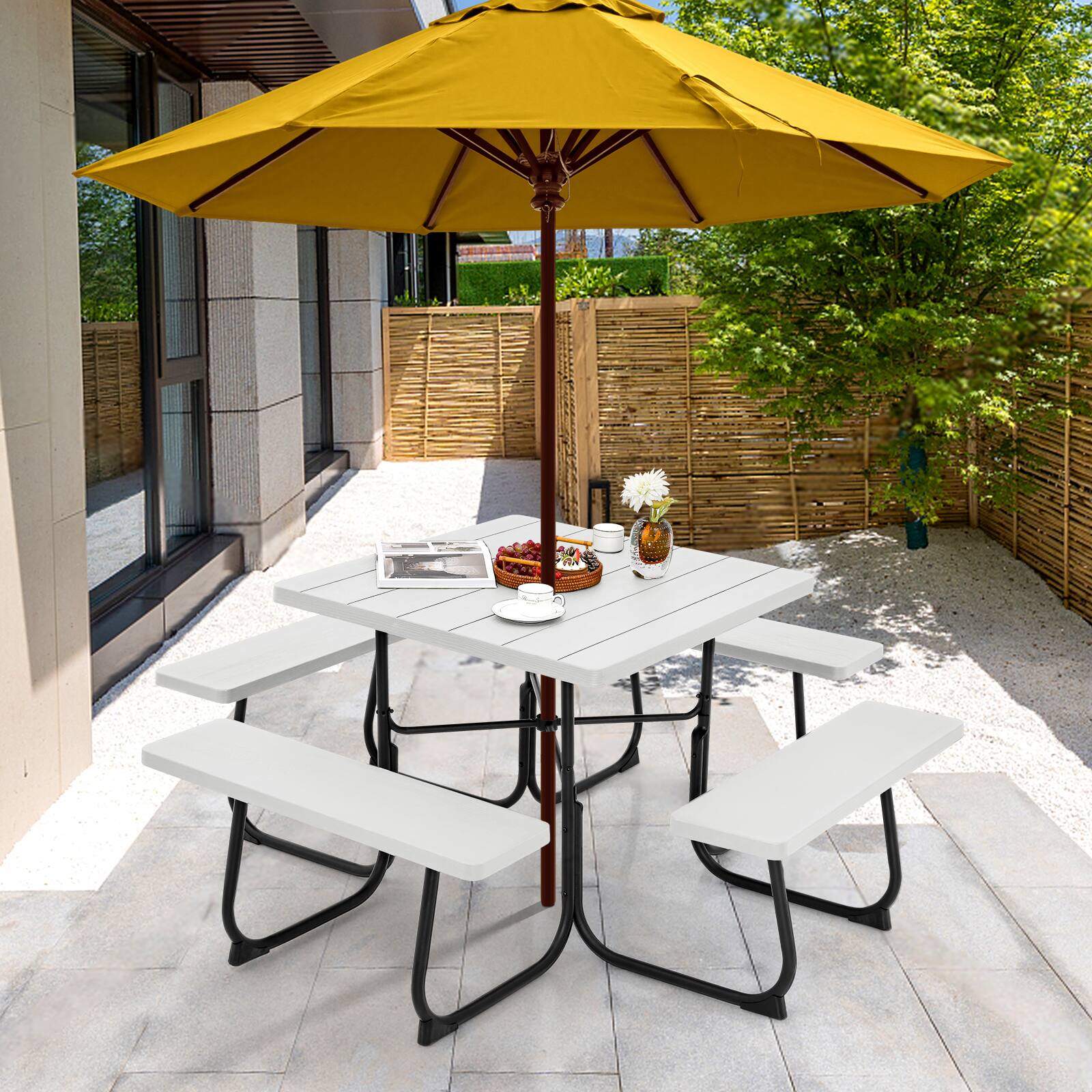Alt View 1. Gymax - Gymax Outdoor Picnic Table 8-person Square Picnic Table Bench Set w/ 4 Benches & Umbrella Hole White - White.