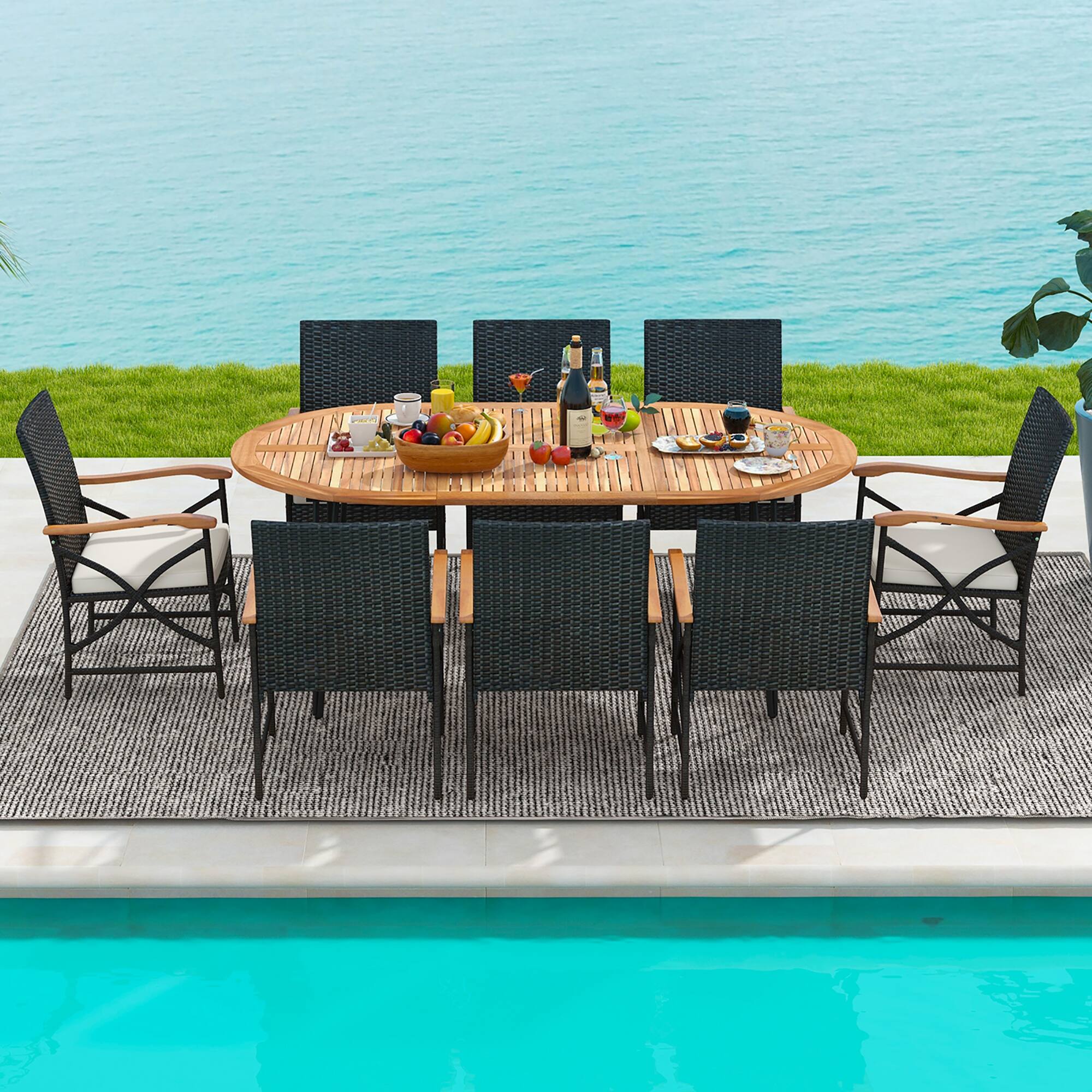 Alt View 4. Gymax - Gymax 9 PCS Rattan Dining Set Acacia Wood Table & 8 Patio Wicker Armchairs Patio - Mix Brown, Off White.