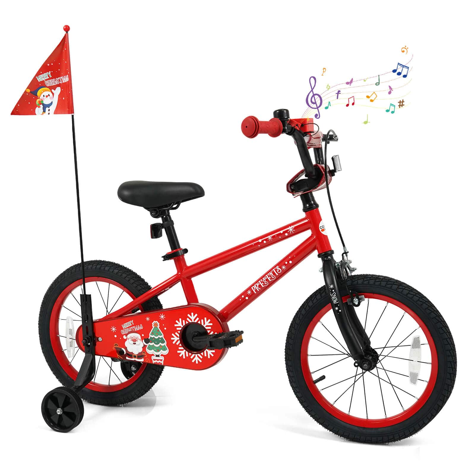 Costway - 16" Kids Bicycle with Training Wheels, Handbrake & Coaster Brake, Flag & Music - Red