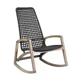 Armen Living - Griffin Outdoor Patio Rocking Chair in Light Eucalyptus Wood and Charcoal Rope - Black
