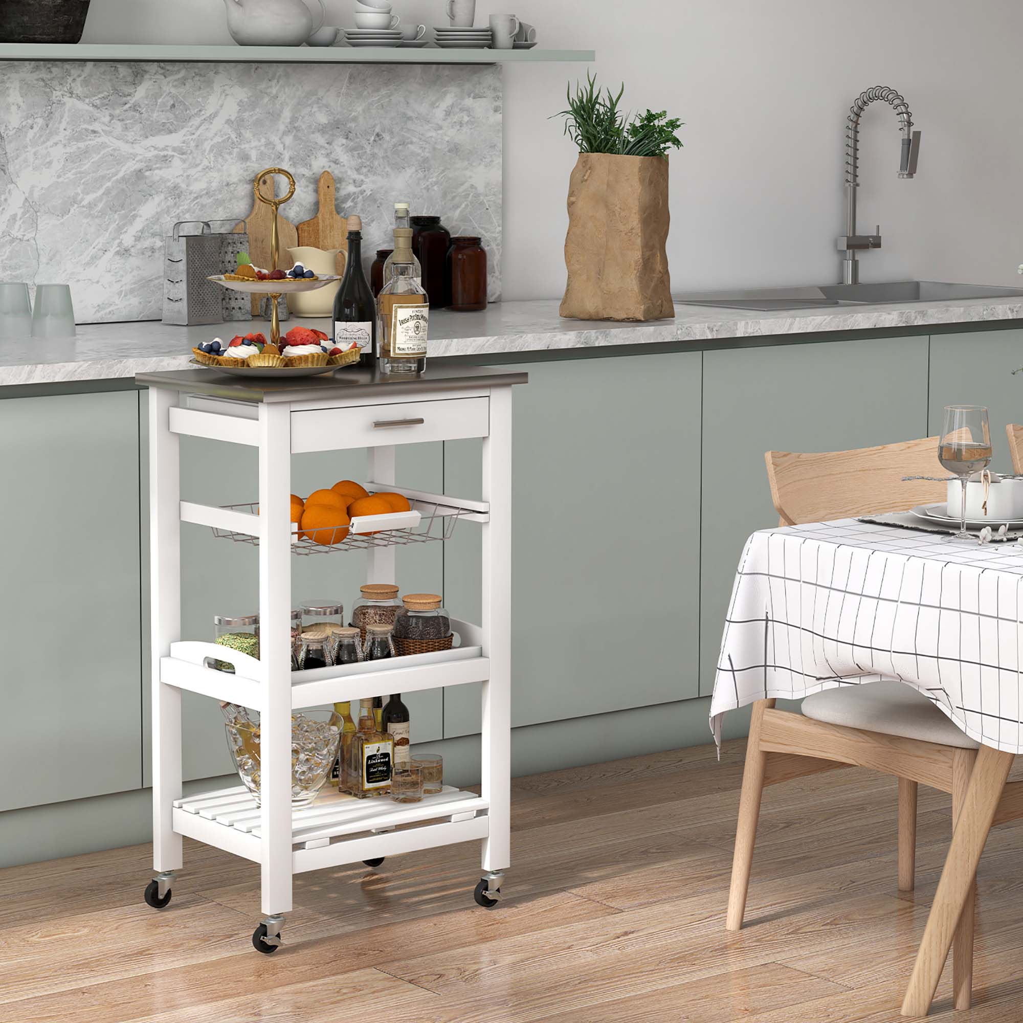 Alt View 4. Costway - Costway Compact Kitchen Island Cart Rolling Service Trolley withStainless Steel Top Basket - White.