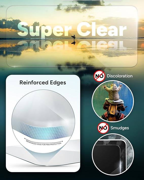Super Clear Screen Protector

Reinforced Edges  
REINFORCED EDGE FOR MAX PROTECTION

NO Discoloration  
NO Smudges