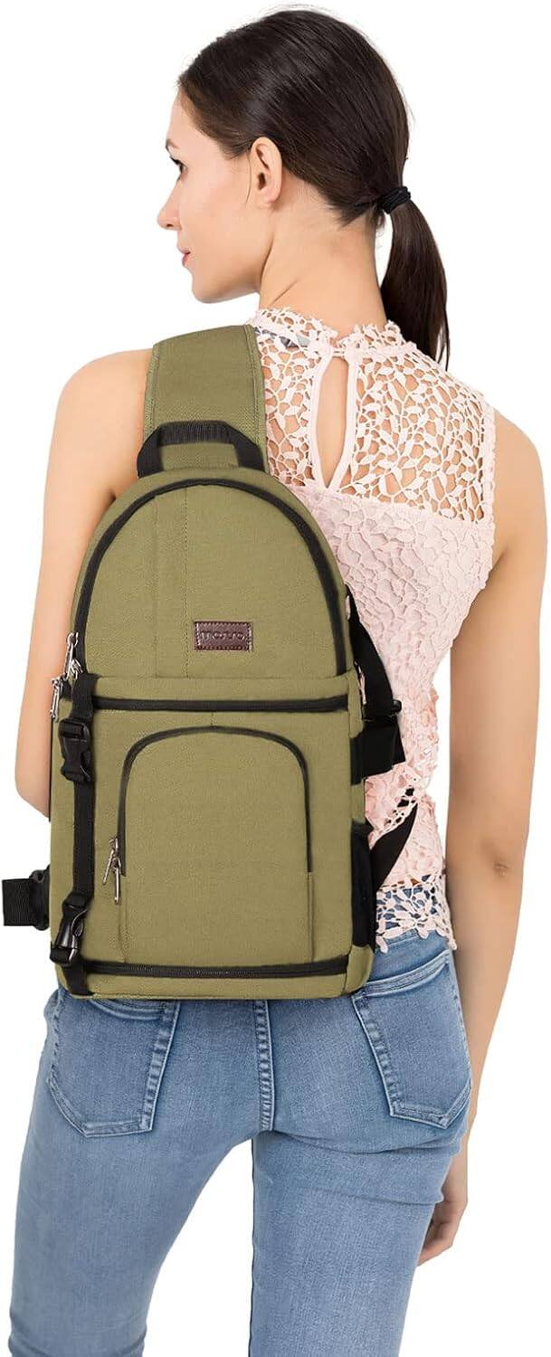 Alt View 2. mosiso - Camera Sling Bag Shockproof Photography Camera Backpack with Tripod Holder & Removable Modular Inserts - Khaki.