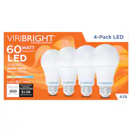 VIRIBRIGHT - A19 LED Bulb, E26, Screw Base, 9W, 60W Equivalent, Dimmable, 810 Lumens, CEC, 90+ CRI , Warm White 2700K (4-Pack) - 2700