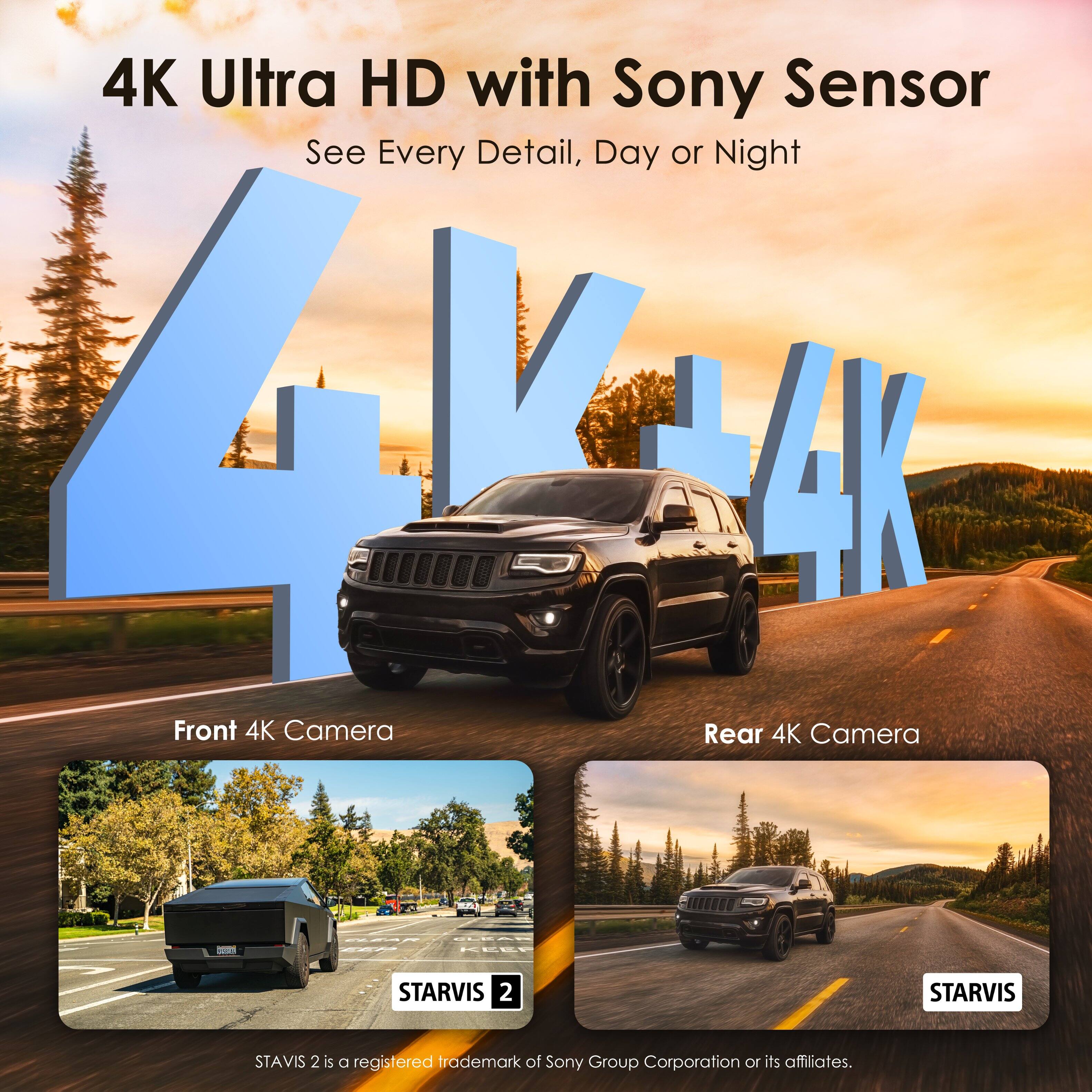 4K Ultra HD with Sony Sensor: See Every Detail, Day or Night

- Front 4K Camera
- Rear 4K Camera

STARVIS 2 is a registered trademark of Sony Group Corporation or its affiliates.
