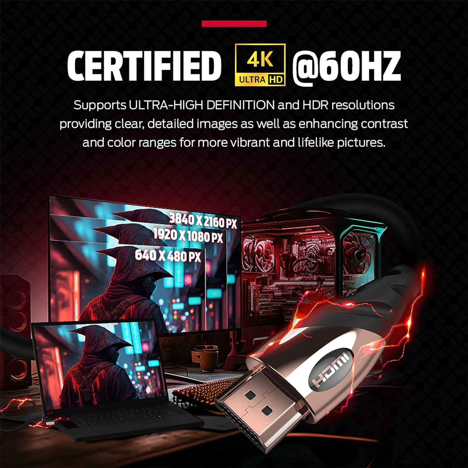 CERTIFIED 4K ULTRA HD @60HZ: Supports ULTRA-HIGH DEFINITION and HDR resolutions, providing clear, detailed images as well as enhancing contrast and color ranges for more vibrant and lifelike pictures. 3840 X 2160 PX, 1920 X 1080 PX, 640 X 480 PX HDMI.