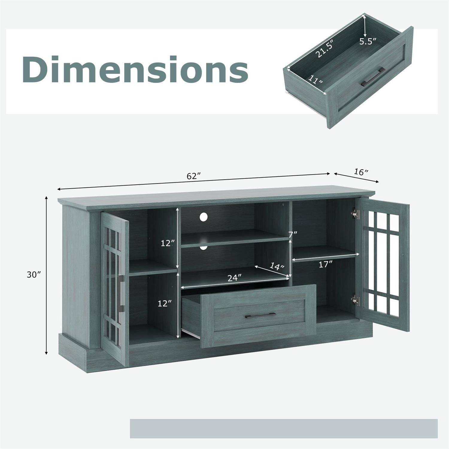 Dimensions:  
- 21.5" x 11" x 5.5"  
- 62" x 16" x 30"  
- 24" x 14" x 17"  
- 12" x 12"
