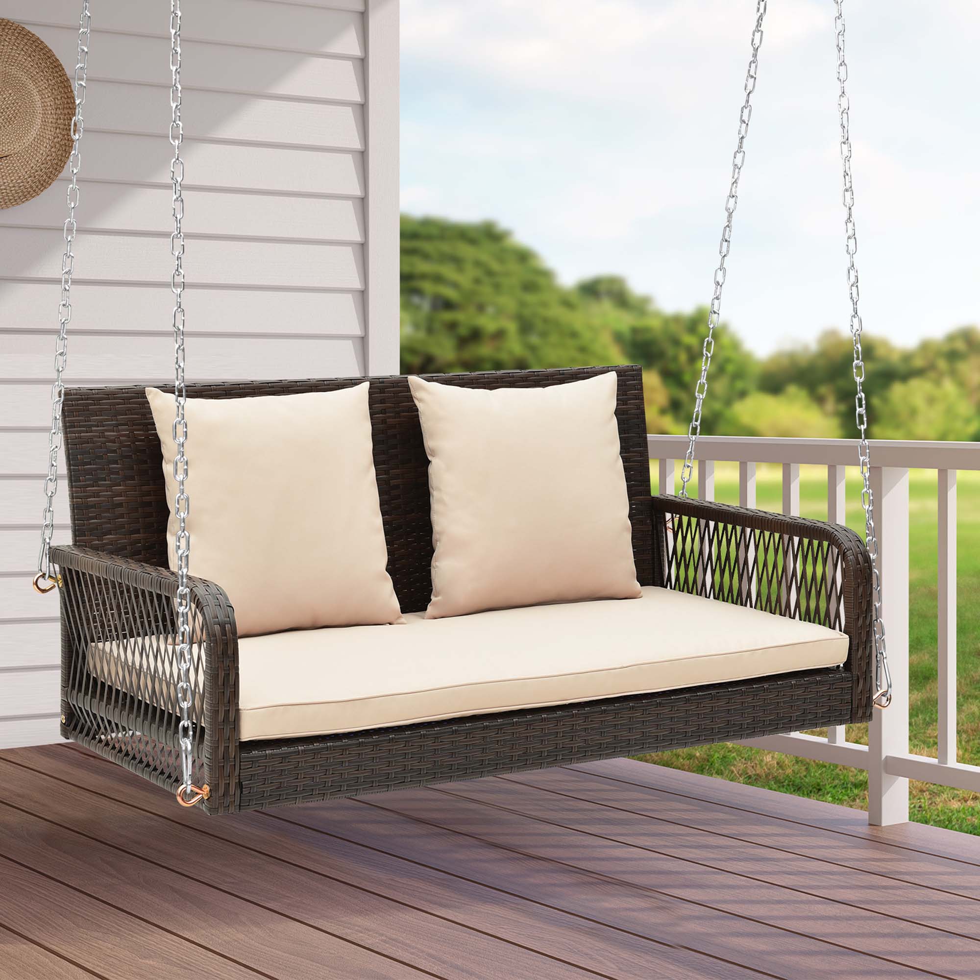 Alt View 2. Costway - Costway Patio Wicker Porch Swing 2-Person Hanging Loveseat Bench Chair with Cushions - Mix Brown,Beige.