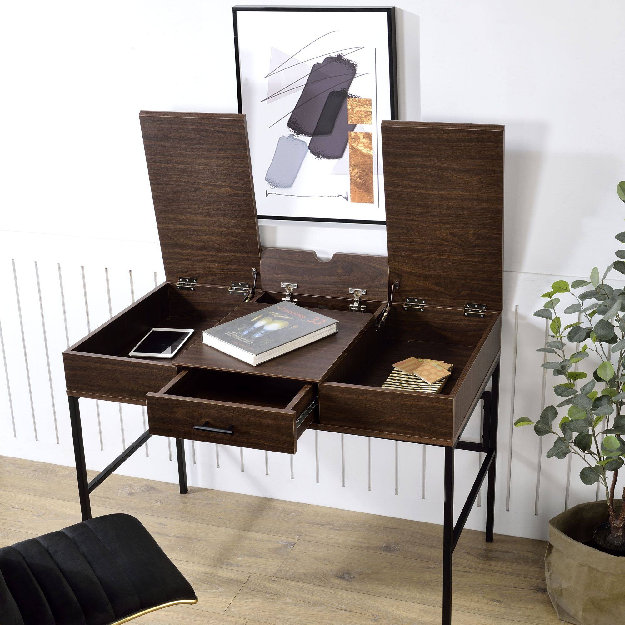 Left. GOODSILO - Modern Writing Desk with USB Charging Port and Storage Drawer for Home Office Workspace - Black+Oak.
