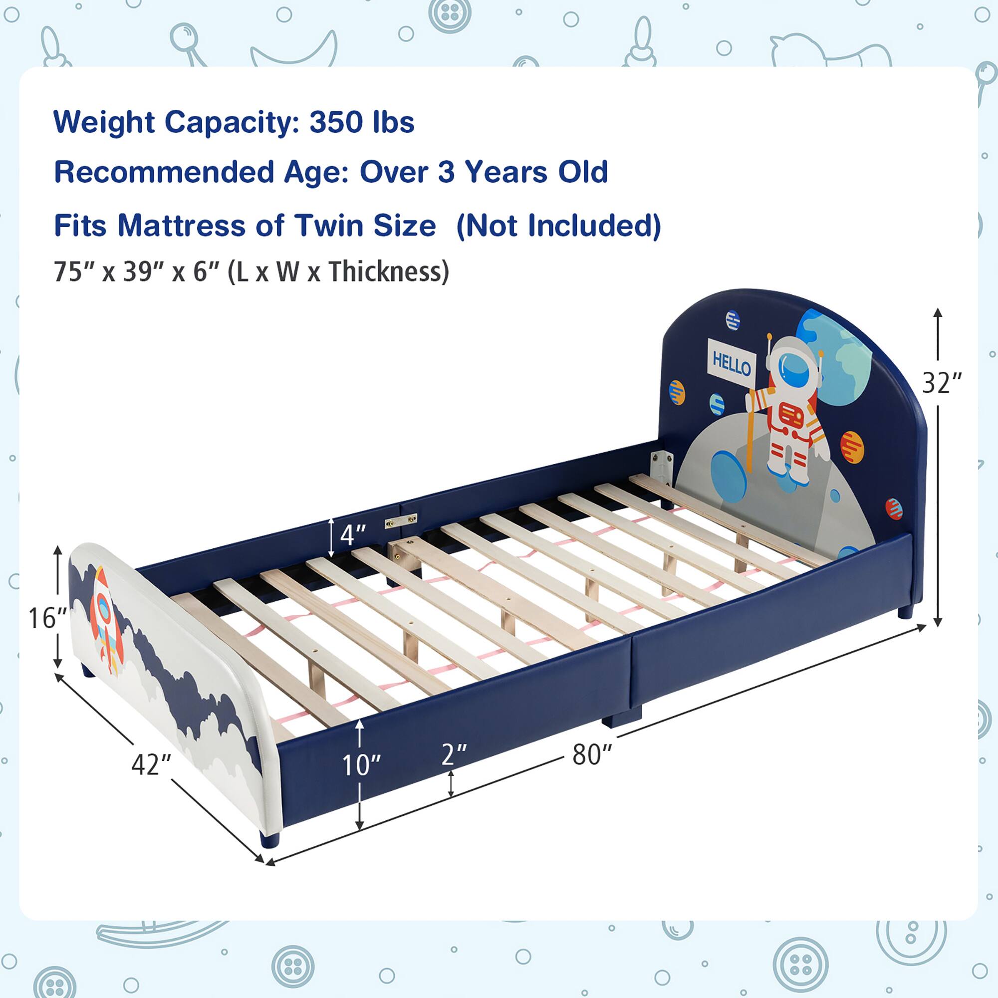 Weight Capacity: 350 lbs  
Recommended Age: Over 3 Years Old  
Fits Mattress of Twin Size (Not Included)  
75" x 39" x 6" (L x W x Thickness)  

32"  
4"  
16"  
42"  
10"  
2"  
80"
