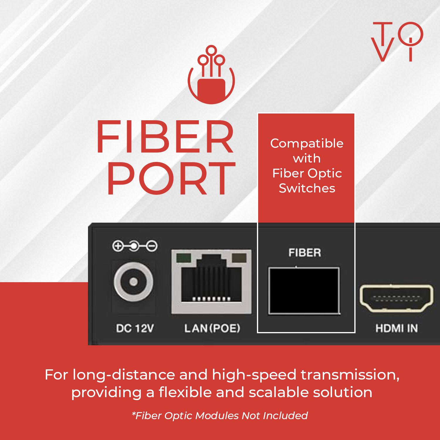 FIBER PORT

Compatible with Fiber Optic Switches

DC 12V LAN (POE) FIBER HDMI IN

For long-distance and high-speed transmission, providing a flexible and scalable solution

*Fiber Optic Modules Not Included