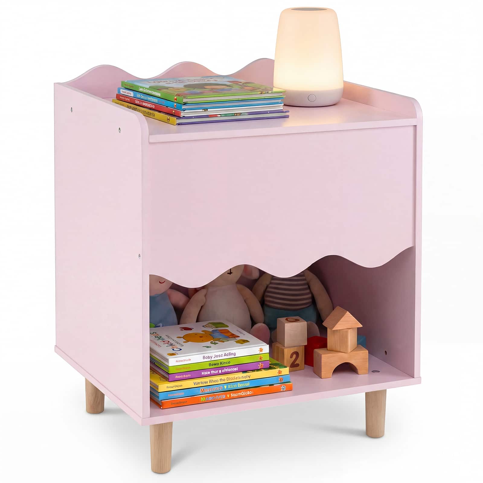 Costway - Kids Nightstand, Toddler Scalloped Side Table with Wide Top & Open Compartment - Pink