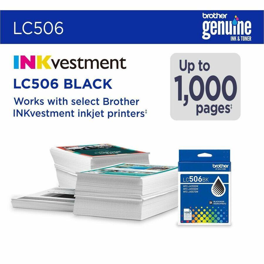 Brother LC506 Genuine Ink & Toner Inkvestment Up to 1,000 Pages

LC506 Black

Works with select Brother Inkvestment inkjet printers

Brother at your side

LC506BK

MFG-43550W

MFC-J4557DW

C-M4557Dm

EK

Black/Noir

Negro/Preto