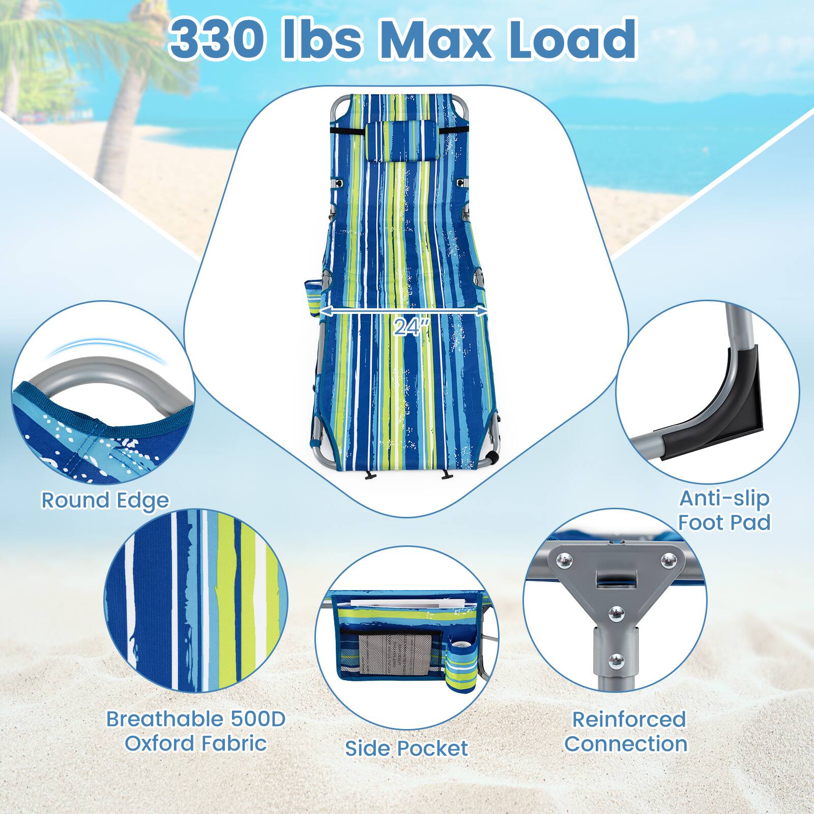330 lbs Max Load  
24h  
Round Edge  
Anti-slip Foot Pad  
Breathable 500D Oxford Fabric  
Side Pocket  
Reinforced Connection