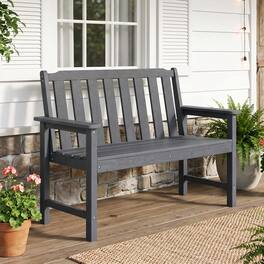 Gymax - 2-Person All Weather HDPE Outdoor Garden Bench w/Backrest & Armrests for Lawn - Gray