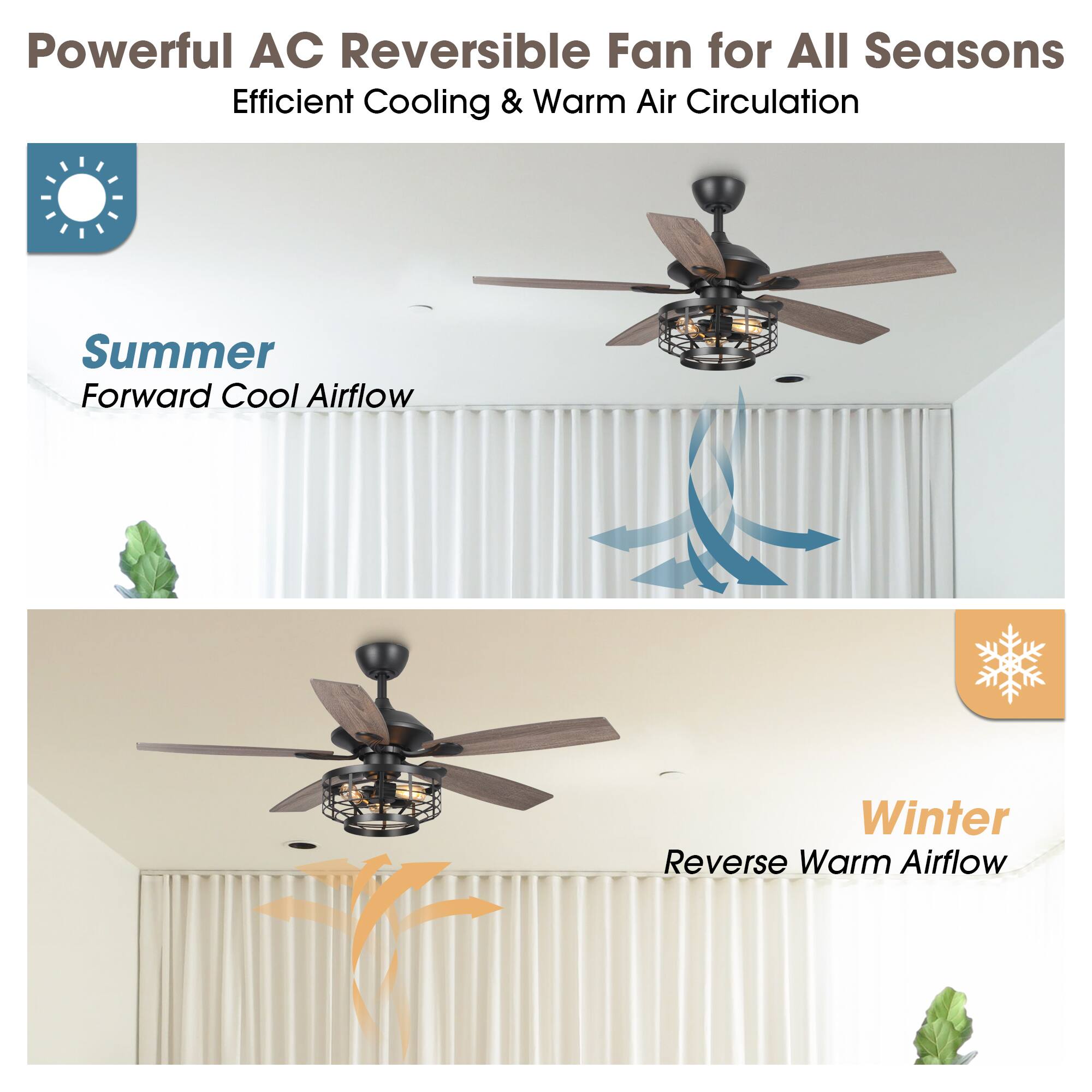 Powerful AC Reversible Fan for All Seasons  
Efficient Cooling & Warm Air Circulation  

Summer  
Forward Cool Airflow  

Winter  
Reverse Warm Airflow