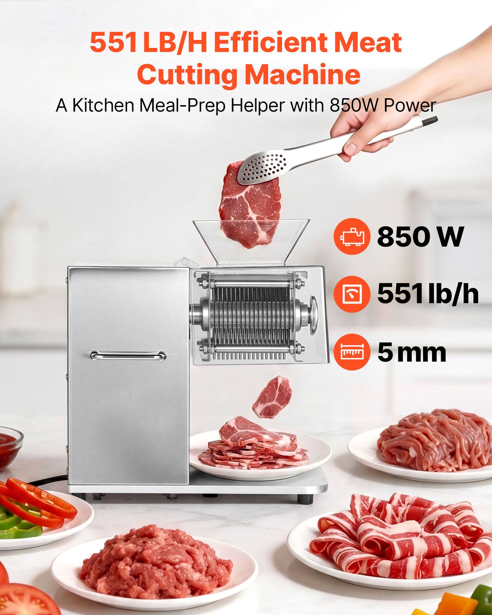 551 LB/H Efficient Meat Cutting Machine  
A Kitchen Meal-Prep Helper with 850W Power  

850 W  
551 lb/h  
5 mm