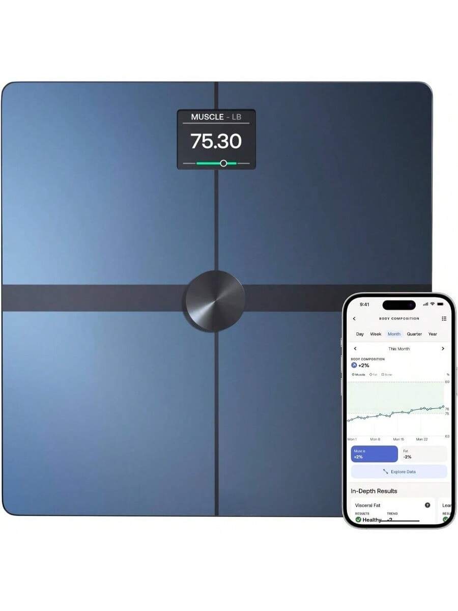 MUSCLE LB  
75.30  

BODY COMPOSITION  
Day Week Month Quarter Year  

This Month  

BODY COMPOSITION  
+2% Muscle  
-2% Fat  

In-Depth Results  
Visceral Fat  
Healthy -2%  

Explore Data In-Depth Results