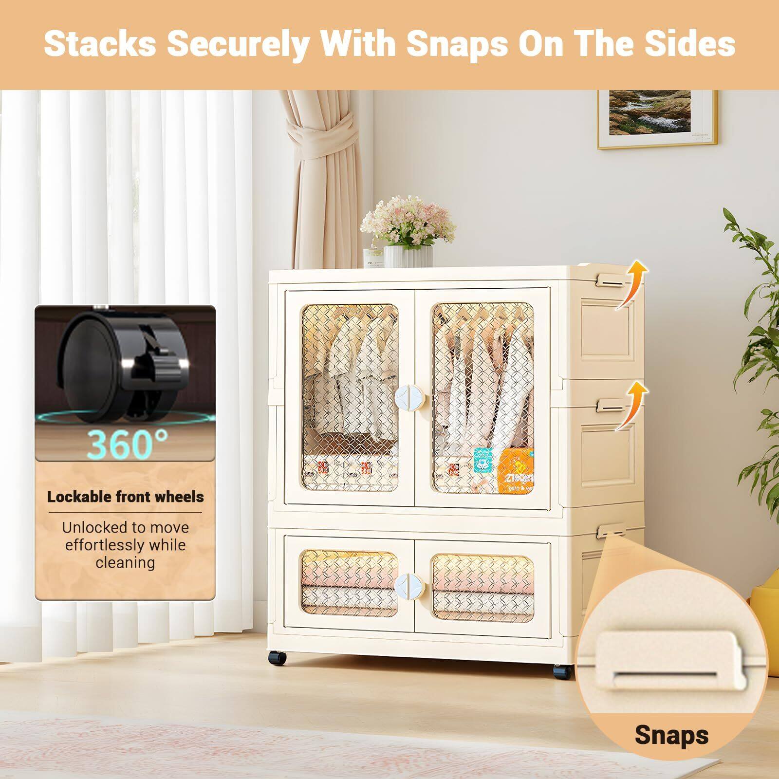 Stacks Securely With Snaps On The Sides

360° Lockable front wheels
Unlocked to move effortlessly while cleaning

Snaps
