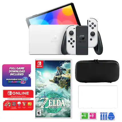 The image features a Nintendo Switch game console with a game cartridge for The Legend of Zelda: Breath of the Wild. The console is accompanied by a game controller, a carrying case, and a game card. The game cartridge is placed on top of the console, and the controller is positioned next to it. The carrying case is located to the right of the console, and the game card is placed below the console.