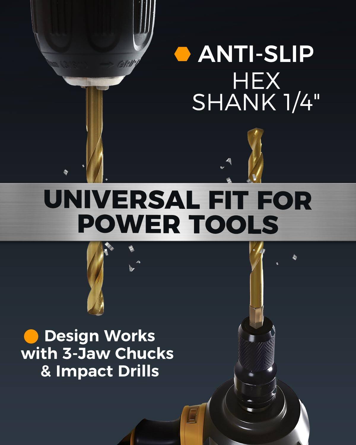 ANTI-SLIP HEX SHANK 1/4"  
UNIVERSAL FIT FOR POWER TOOLS  
Design Works with 3-Jaw Chucks & Impact Drills