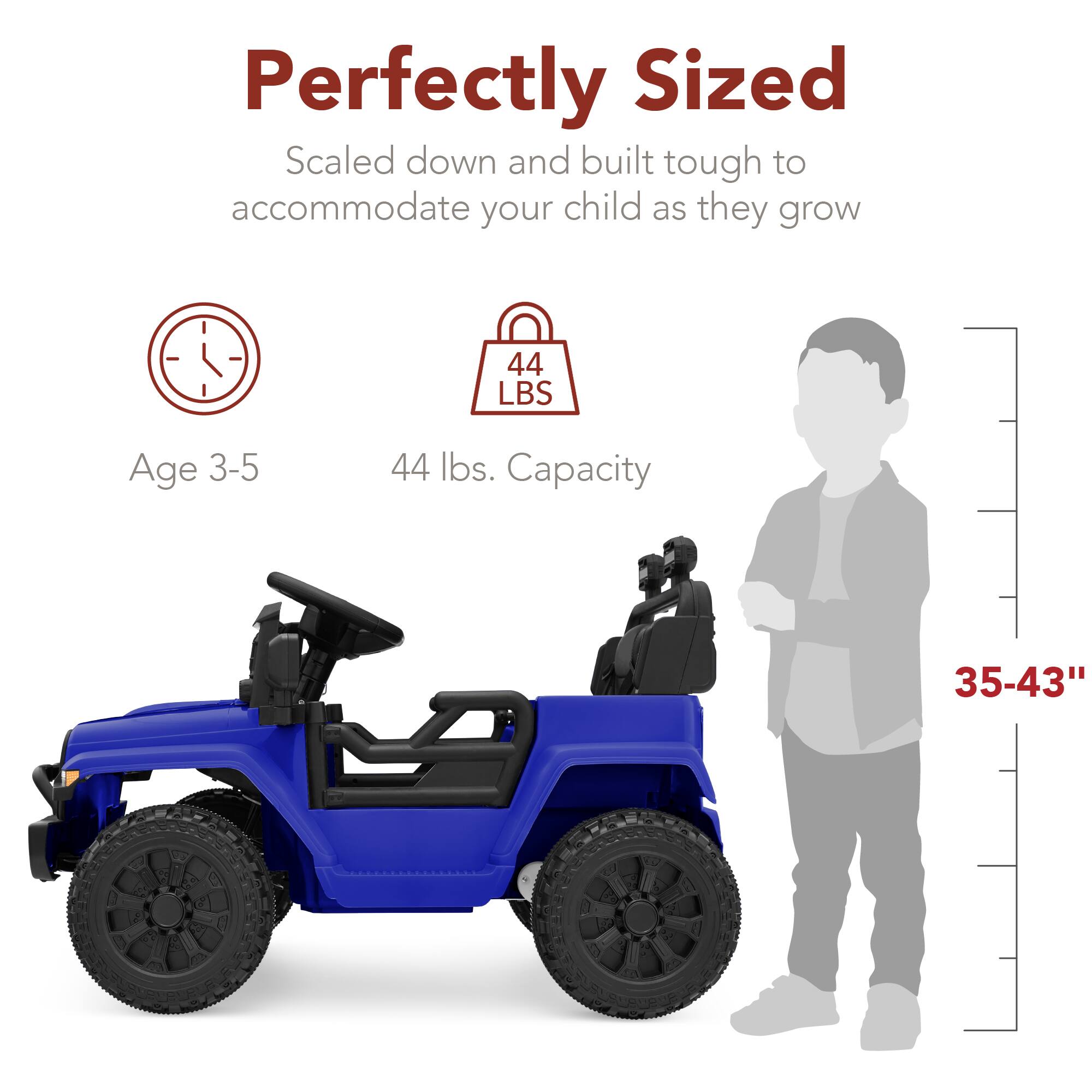 Perfectly Sized  
Scaled down and built tough to accommodate your child as they grow.  
Age 3-5  
44 lbs. Capacity  
35-43"