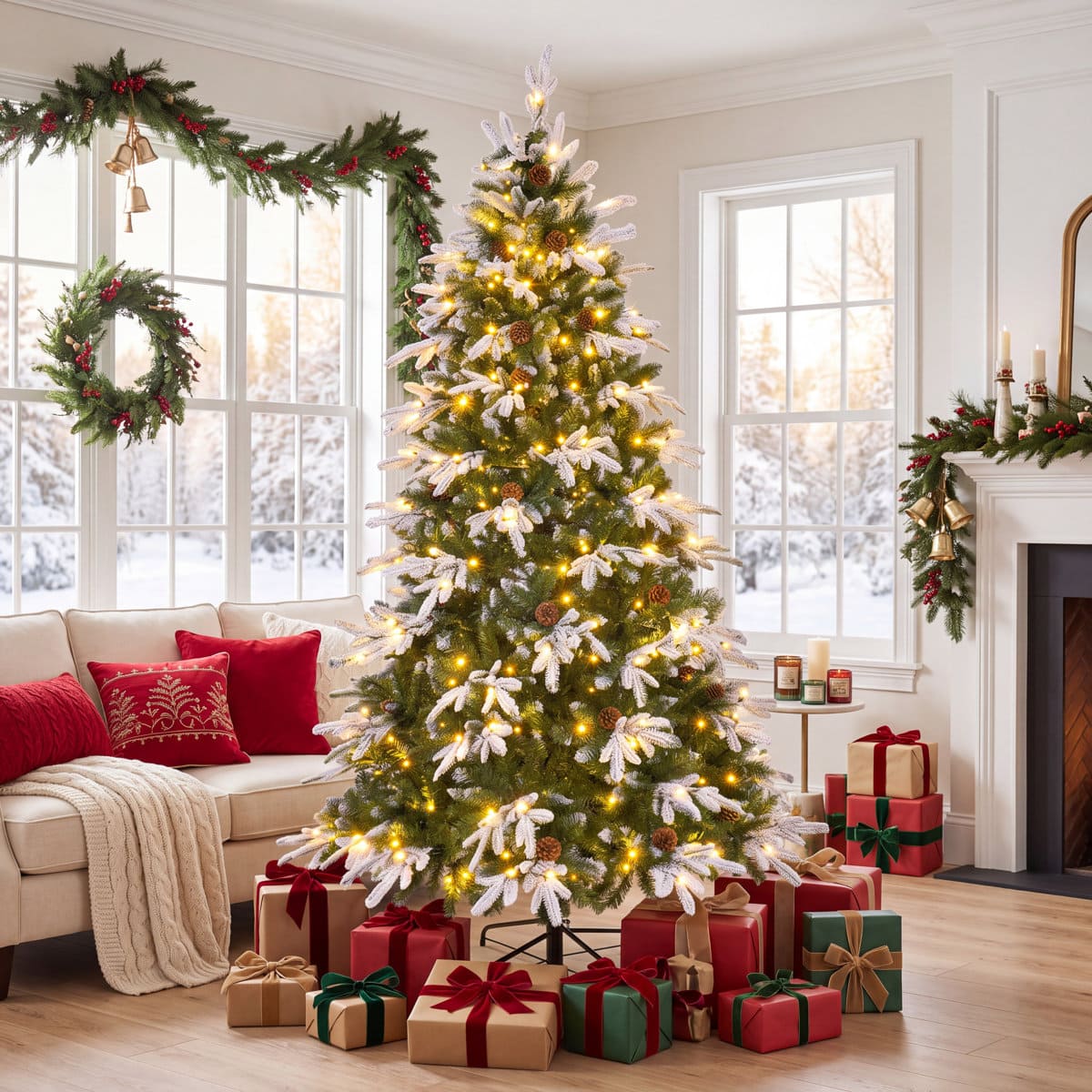Front. Wisairt - 6FT Pre-Lit Flocked Snow-Tipped PE Realistic Christmas Tree, 813 Tips, 250 LED 11 Modes - Green.