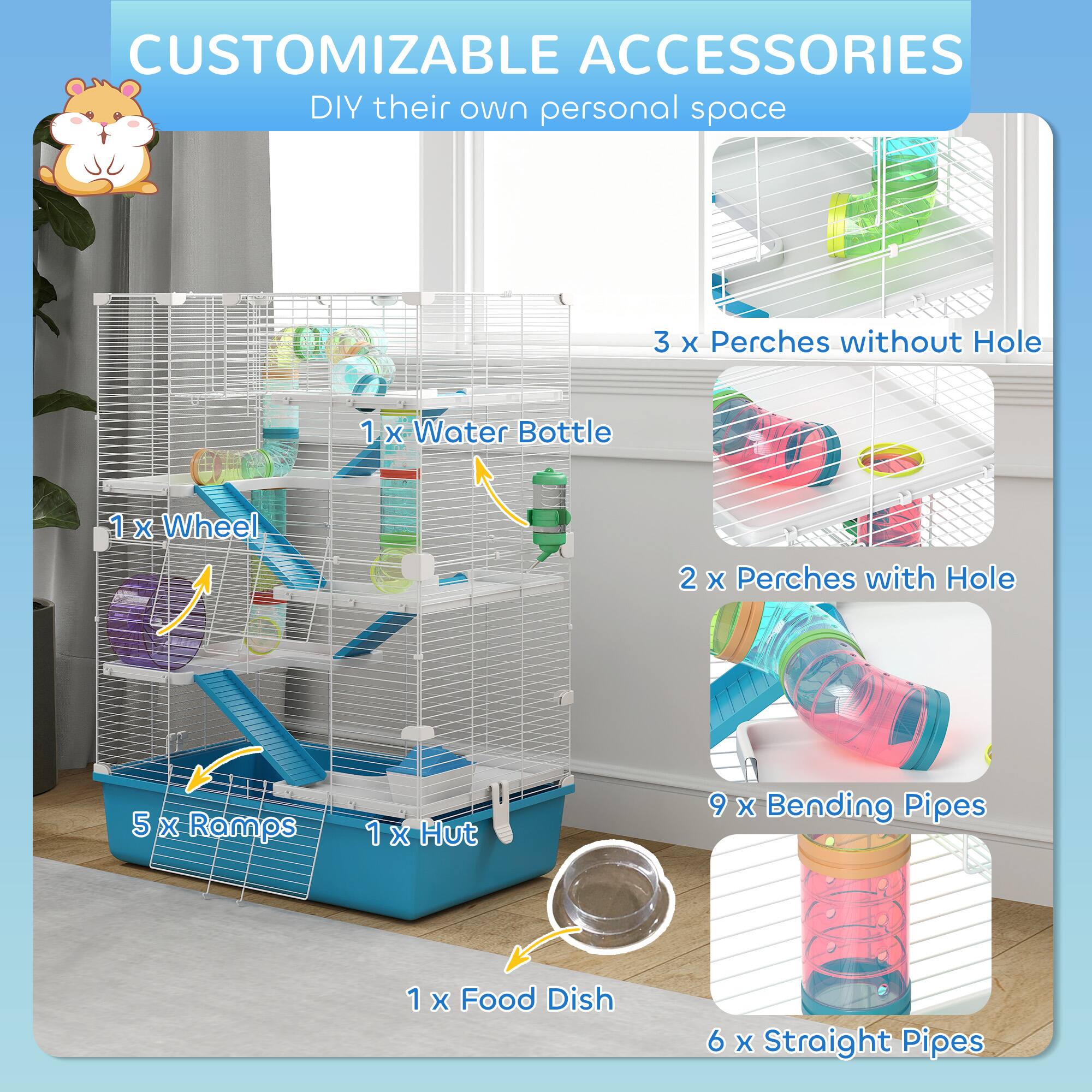 CUSTOMIZABLE ACCESSORIES  
DIY their own personal space

- 3 x Perches without Hole
- 1 x Water Bottle
- 1 x Wheel
- 2 x Perches with Hole
- 5 x Ramps
- 1 x Hut
- 9 x Bending Pipes
- 1 x Food Dish
- 6 x Straight Pipes
