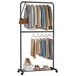 Songmics Home - Clothes Rack with Wheels, Middle Rod Clothing Rack for Hanging Clothes, Metal Garment Rack with Dense Mesh Storage Shelf - Black