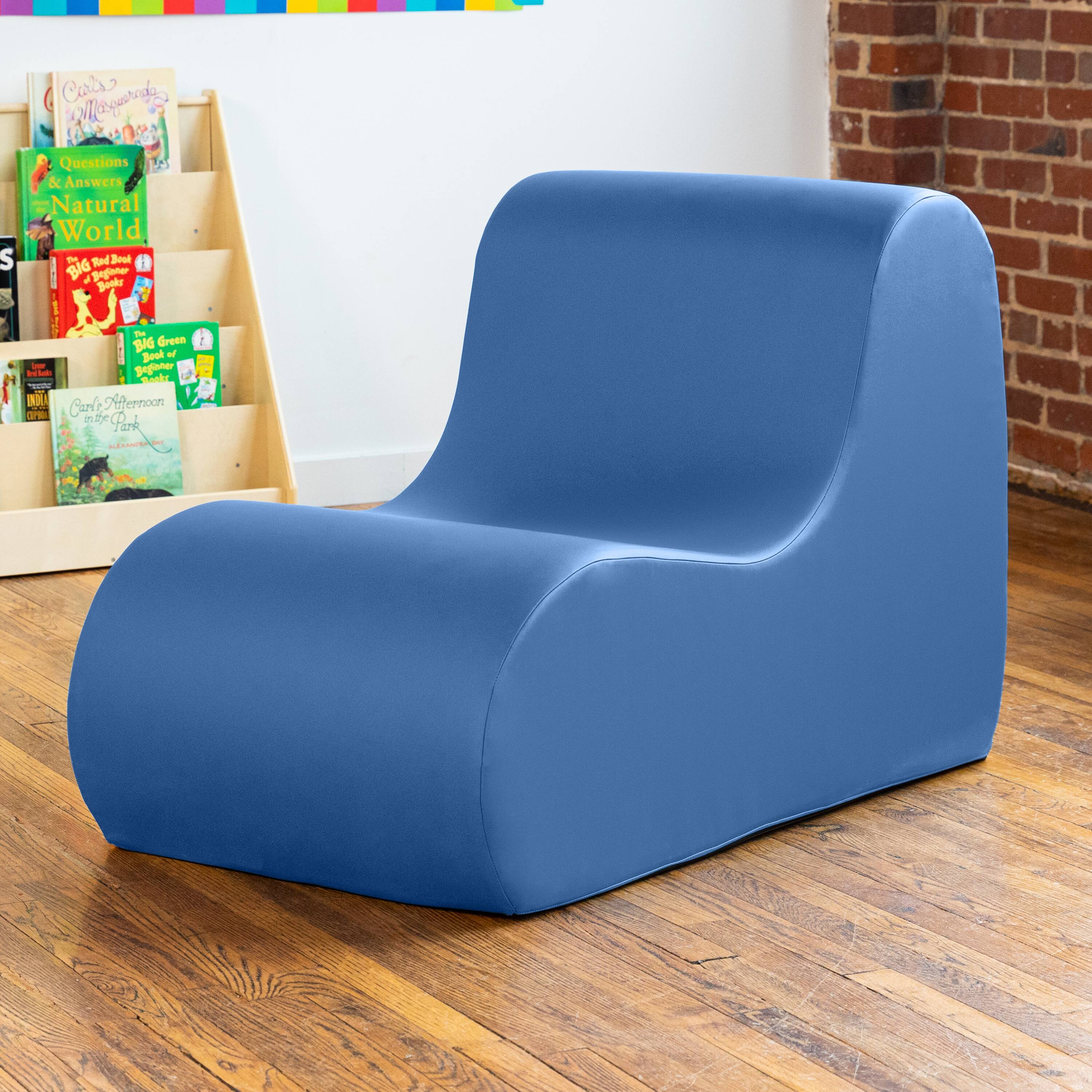 Sure, here is the corrected and grouped text from the image:

1. **Books on the Shelf:**
   - "Questions & Answers Natural World"
   - "Big Red Book of Dinosaurs"
   - "Big Green Book of Bugs"
   - "Carlo in the Park"
   - "Carlo in the Afternoon"

2. **Text on the Blue Chair:**
   - "S Cars ogarad"
   - "P Tod Book"
   - "BAG Green Bouk"
   - "IO Crrle Nernoon OP"
   - "e R Park a"