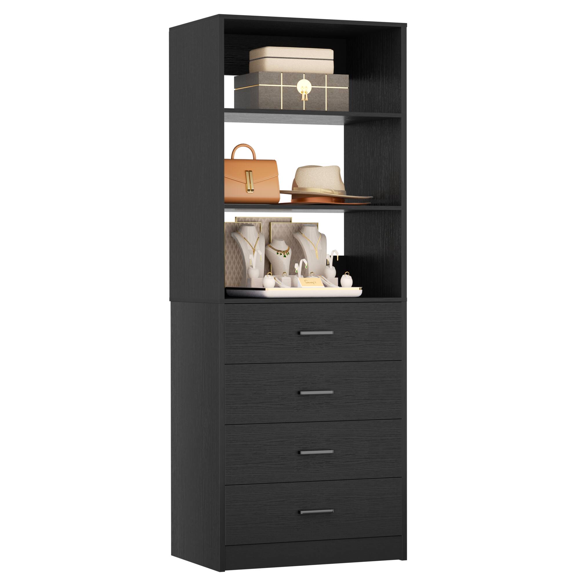 Angle. Aheaplus - 80'' Tall Bookcase with 4 Wooden Drawers, 21.3'' Wide Storage Unit with Adjustable Shelves - Black.