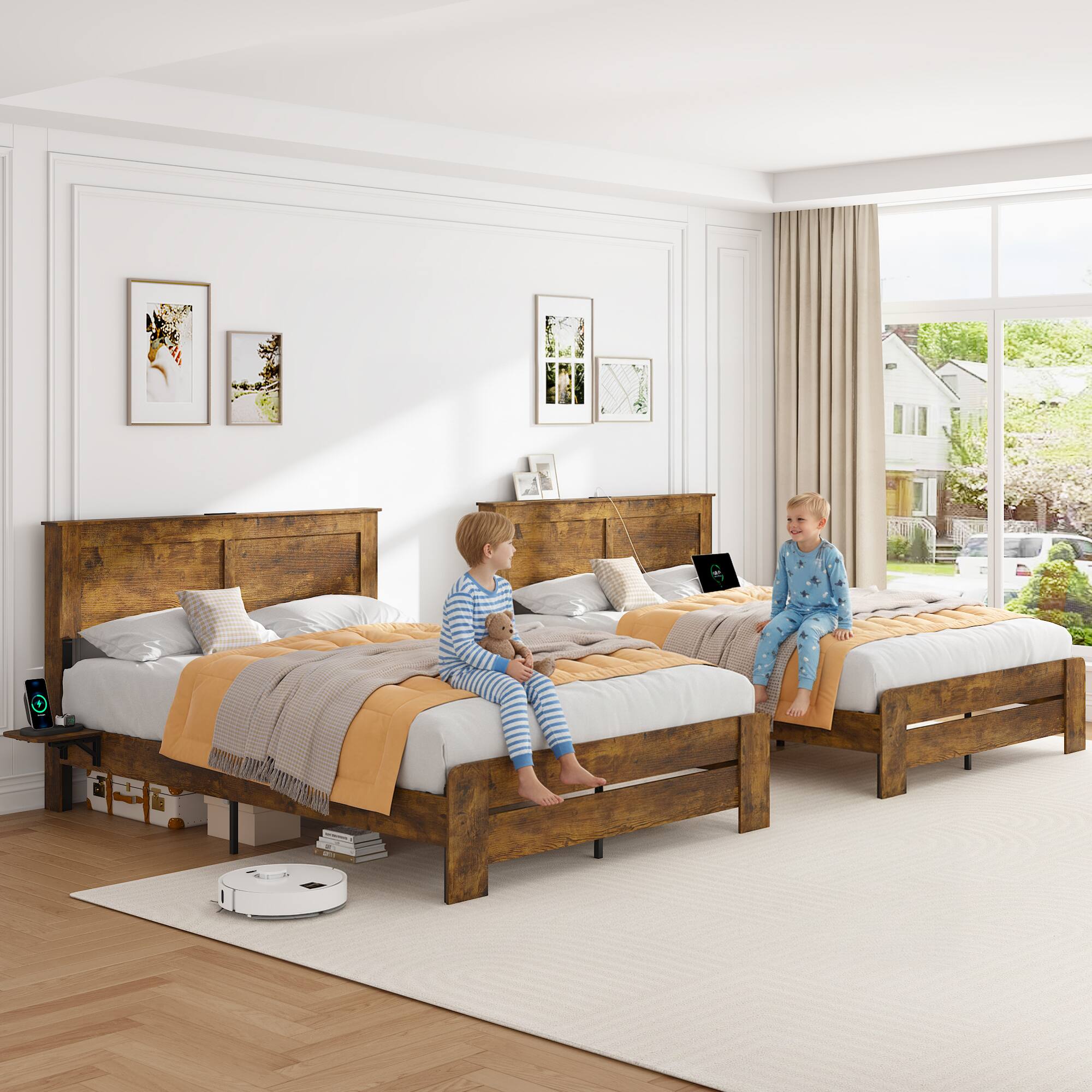 Left. LUCKY ONE - Farmhouse King Size Bed Frame with Headboard Storage Shelf,LED Lights & Charging Station - Antique Natural.