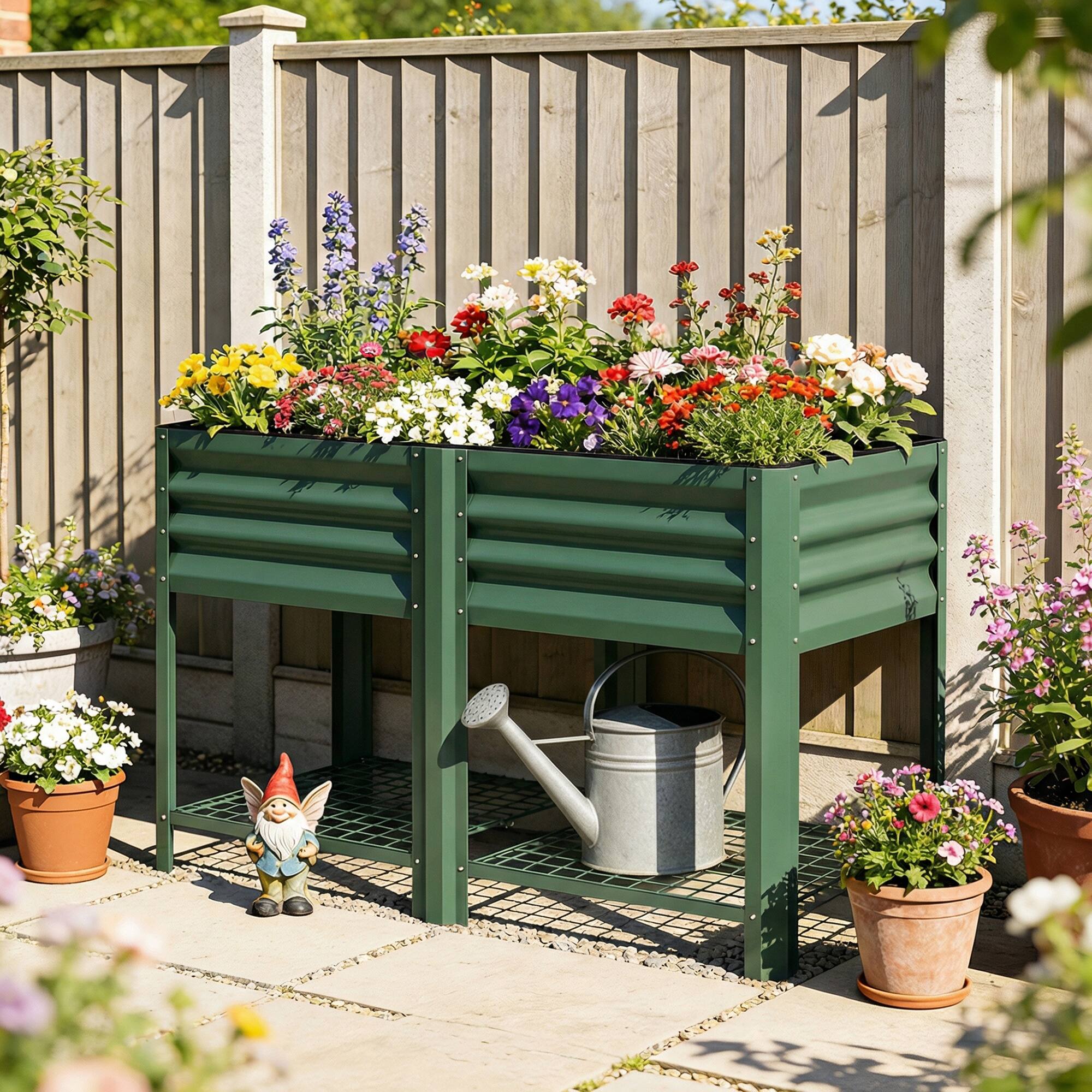 Alt View 1. Outsunny - Garden Bed Galvanized Steel, Elevated Planter Box with Storage Shelf, Bed Liner - Green.