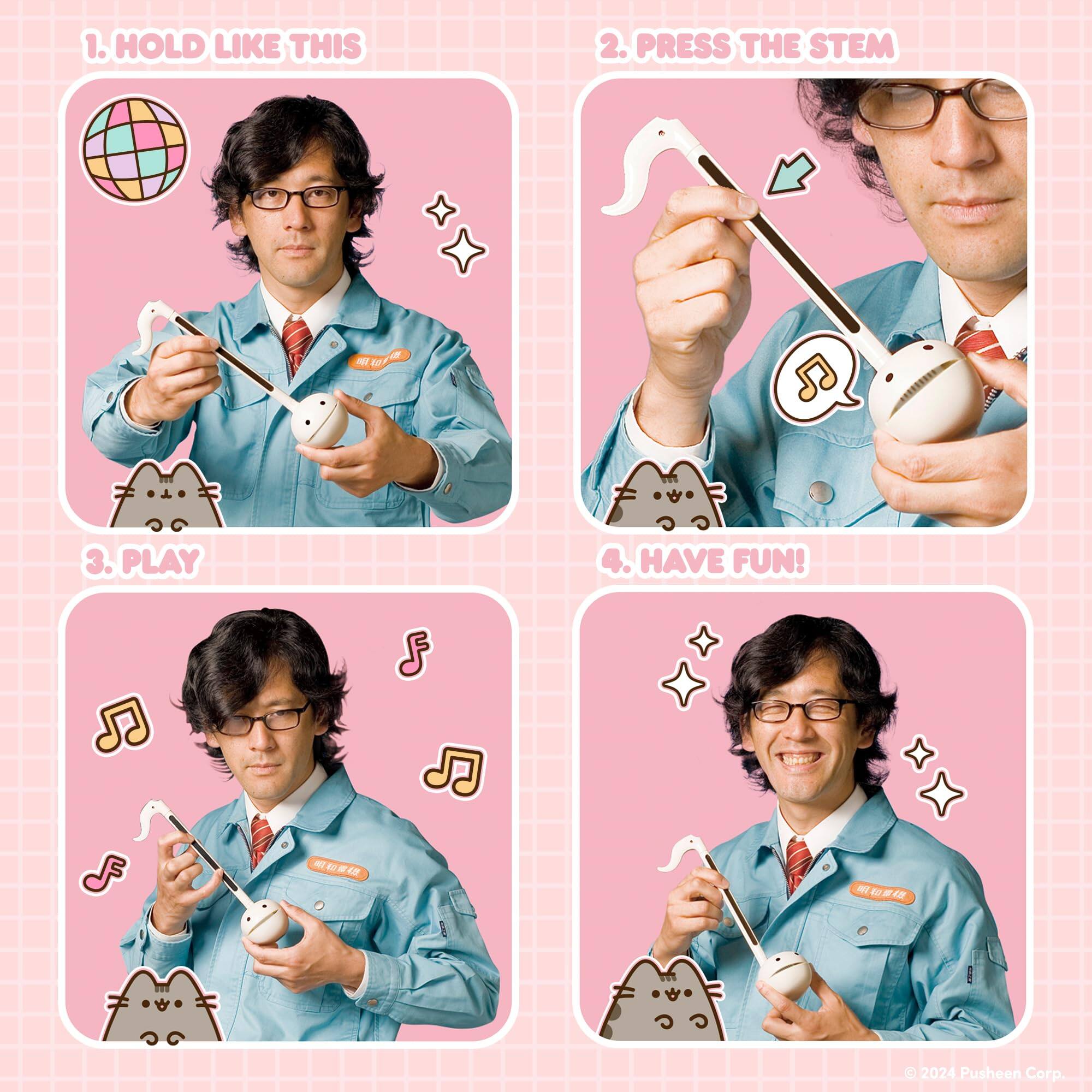 1. HOLD LIKE THIS  
2. PRESS THE STEM  
3. PLAY  
4. HAVE FUN!  

© 2024 Pusheen Corp.