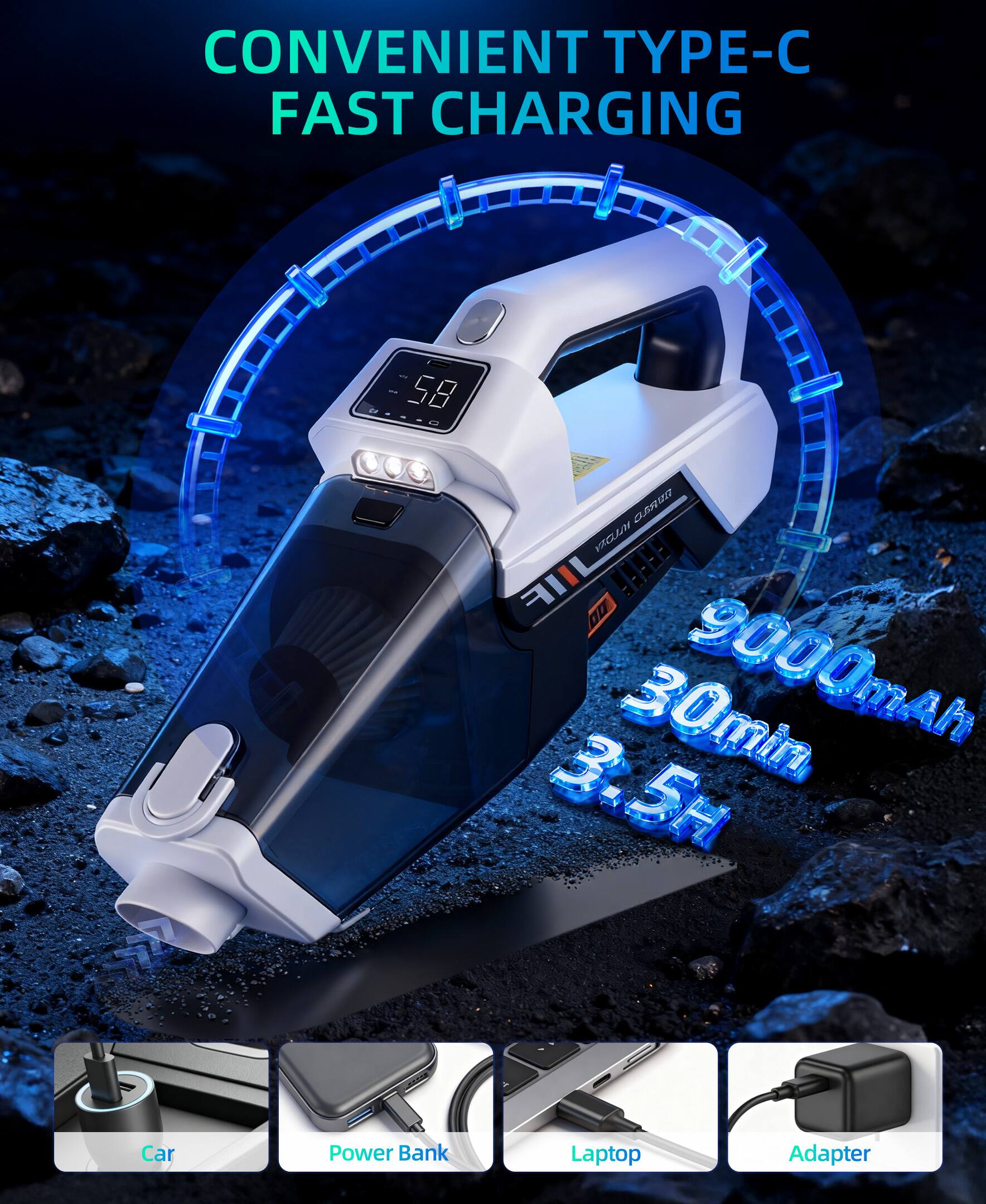 CONVENIENT TYPE-C FAST CHARGING

9000mAh
30min
3.5H

Car
Power Bank
Laptop
Adapter