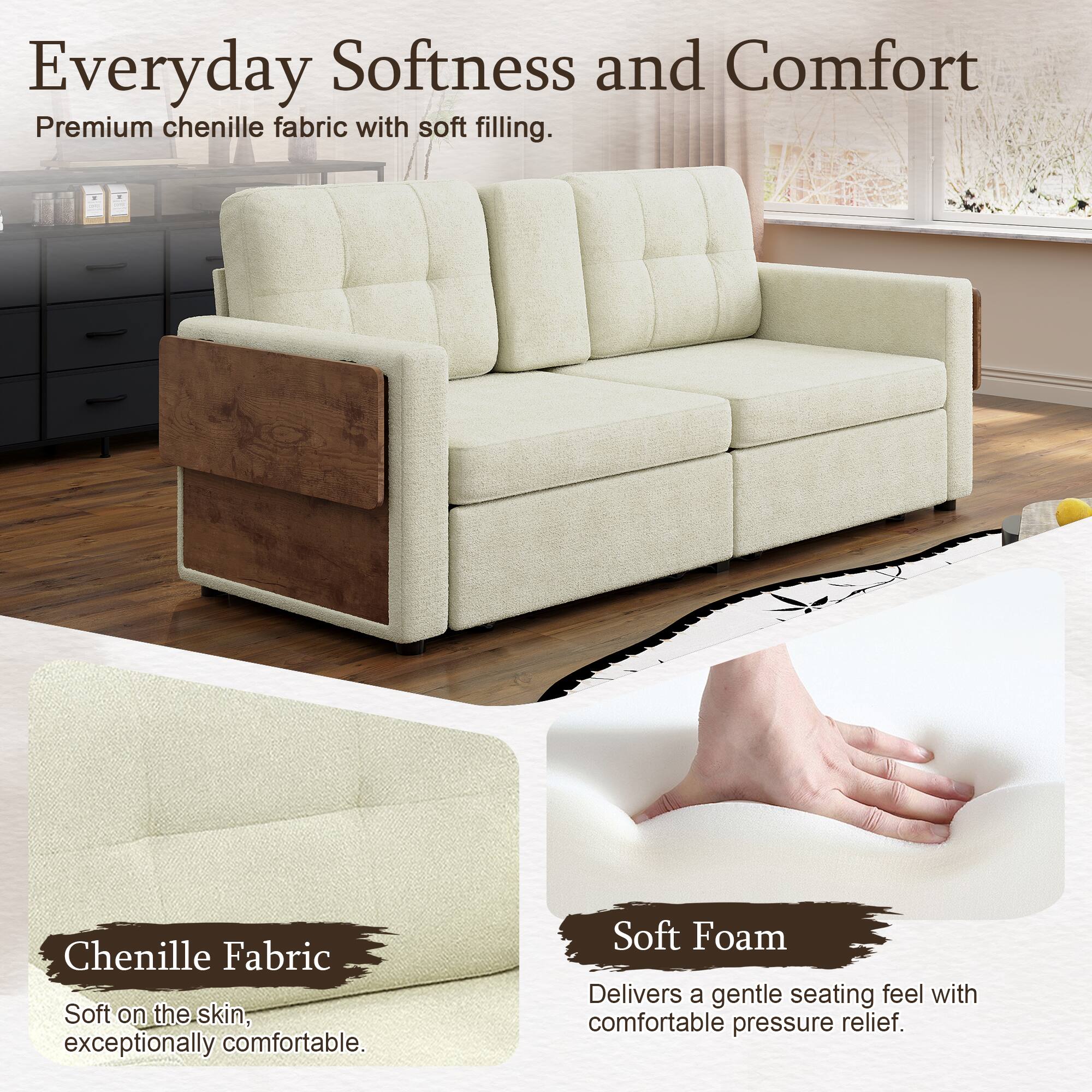 Everyday Softness and Comfort  
Premium chenille fabric with soft filling.

Chenille Fabric  
Soft on the skin, exceptionally comfortable.

Soft Foam  
Delivers a gentle seating feel with comfortable pressure relief.