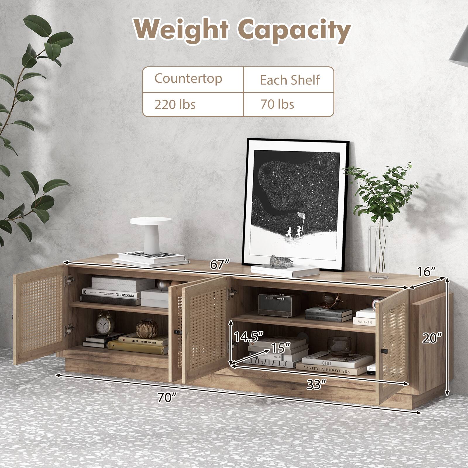 Weight Capacity  
Countertop: 220 lbs  
Each Shelf: 70 lbs  

Dimensions:  
- Height: 70"  
- Width: 67"  
- Depth: 16"  
- Shelf Depth: 14.5" - 15"  
- Shelf Height: 20"  
- Shelf Spacing: 33"