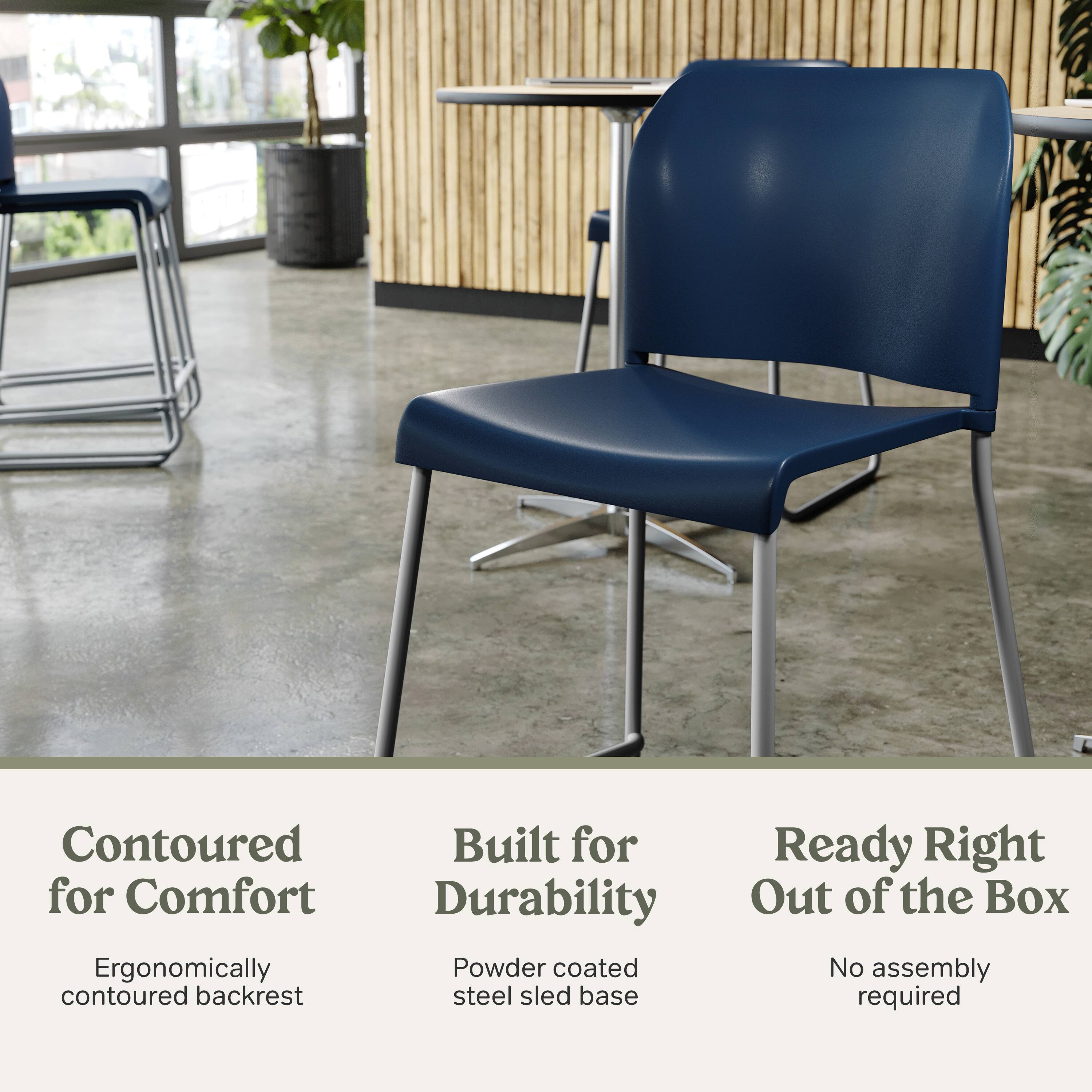 Contoured for Comfort  
Ergonomically contoured backrest  

Built for Durability  
Powder coated steel sled base  

Ready Right Out of the Box  
No assembly required