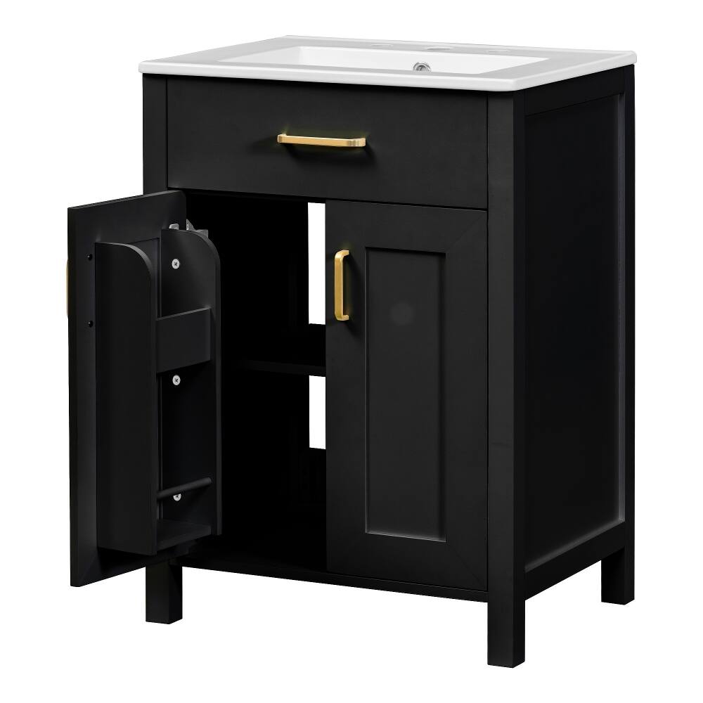 Alt View 8. Loheer - Loheer 24 inch bathroom vanity combo Black Solid Wood Freestanding Cabinet with Ceramic Sink - Black.