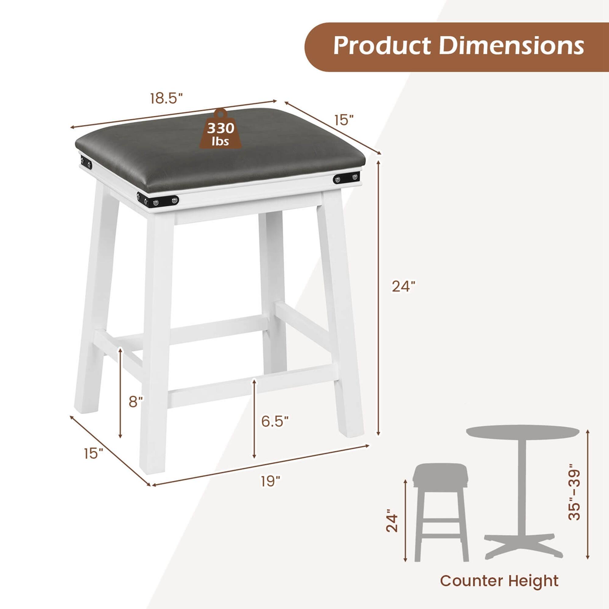 Product Dimensions: 18.5" x 330 lbs, 15" x 24", 8" x 6.5", 15" x 19", 24" x 35"-39" Counter Height.